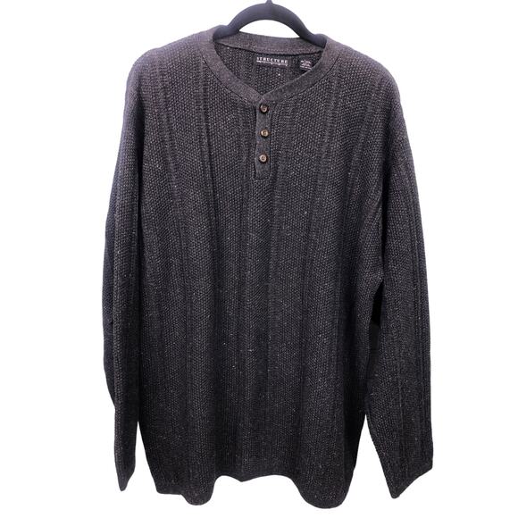 Structure VTG 90s Y2K Preppy Crew Neck Ribbed Casual Knit Gray Henley Men's L - Picture 1 of 12